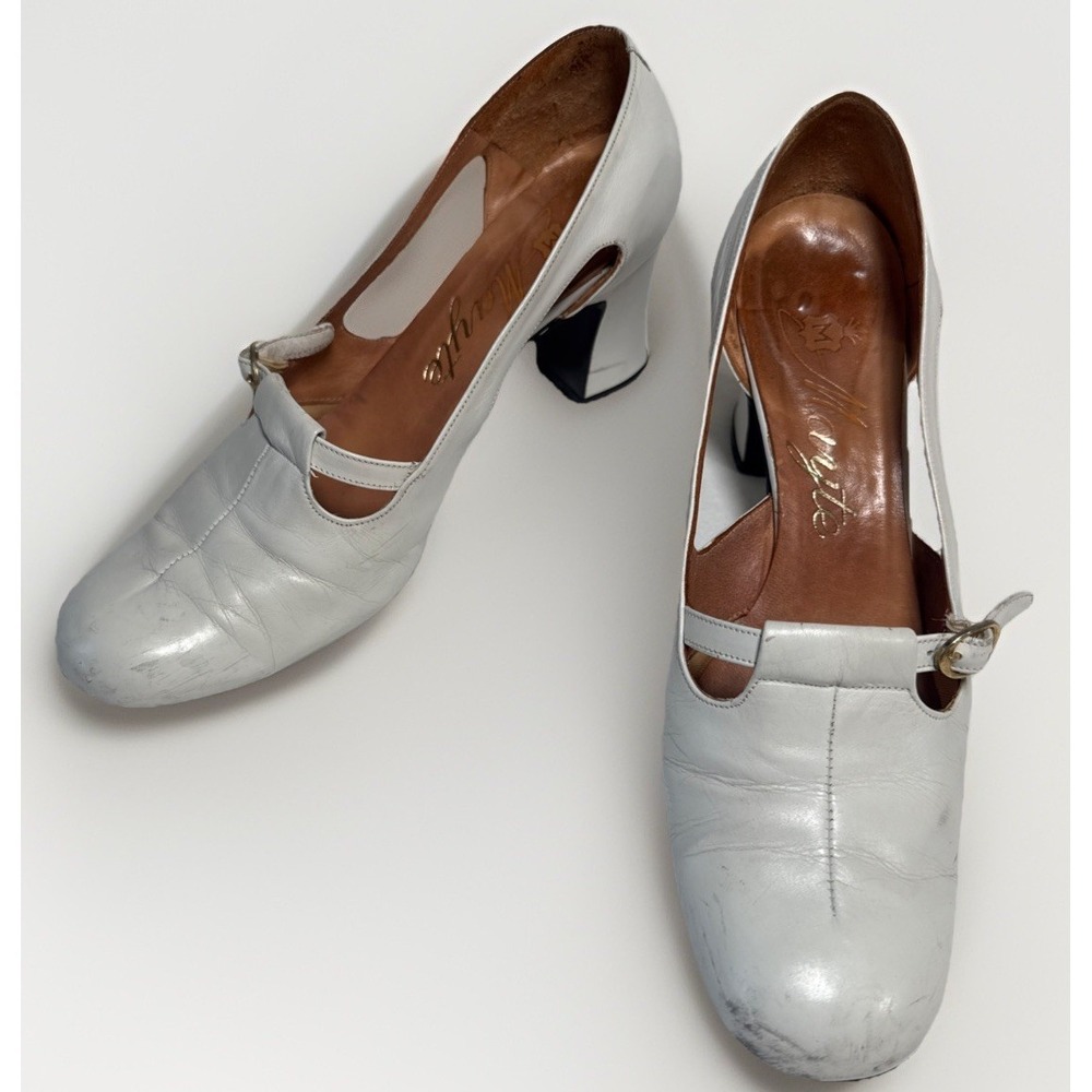 Vintage 70s Mayte White Leather Mary Jane Buckle D'Orsay Cuban Heels 5 FLAW